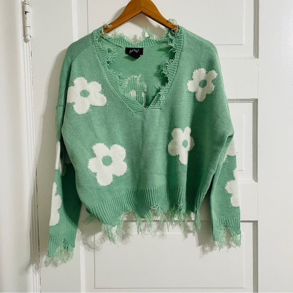 Just Polly Sweaters - Just Polly Mint Green Distressed V-Neck Cropped Sweater